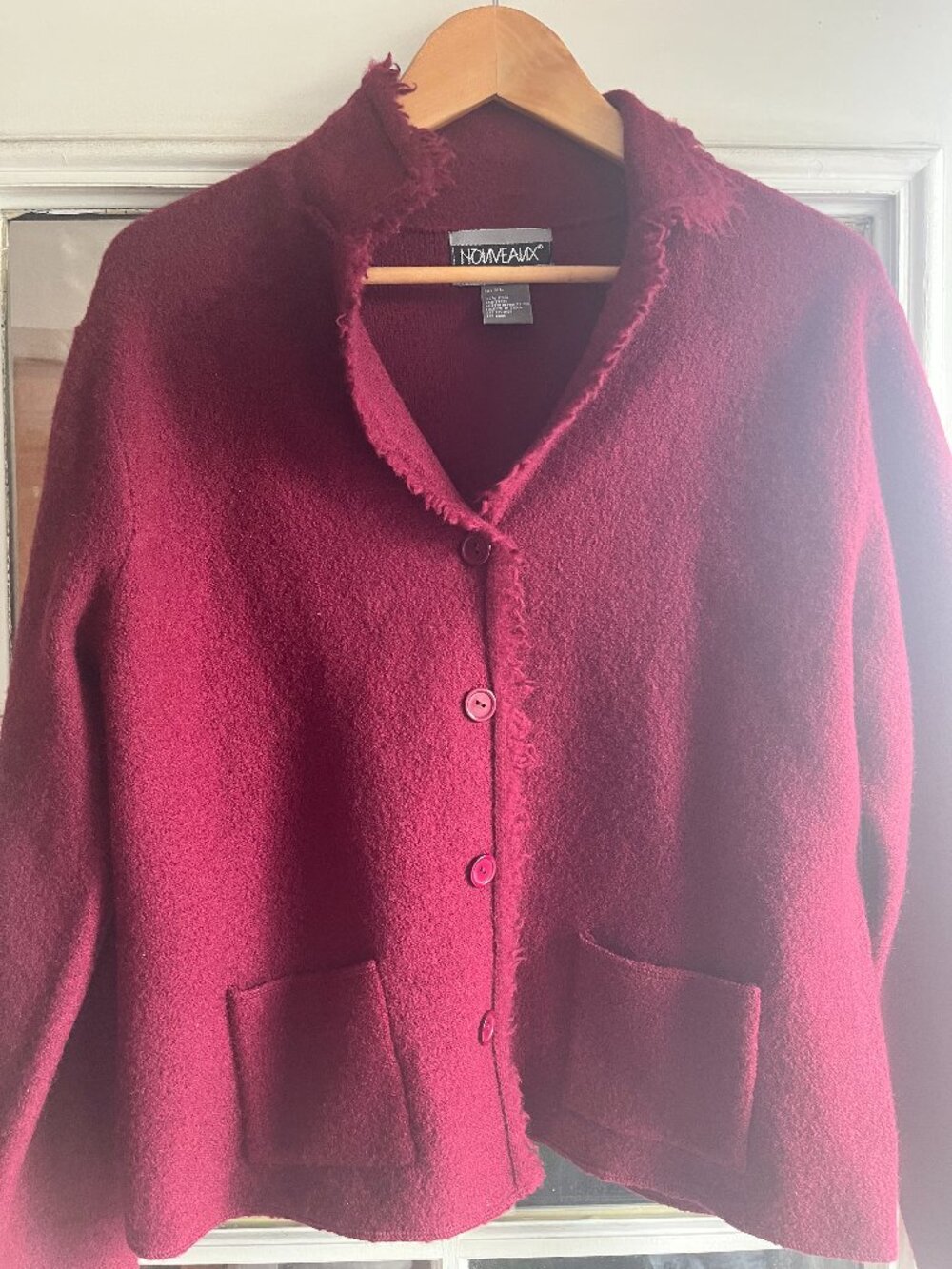 Nouveaux Women's Burgundy Tweed Wool Button Front Collared Fringe Jacket PL